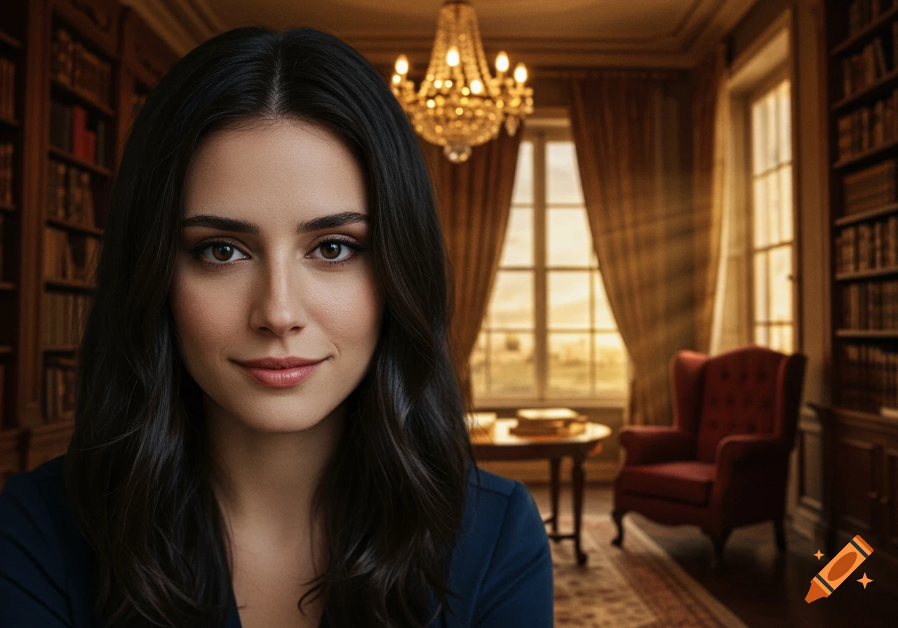 Photorealistic portrait of a young woman with dark hair looking at the viewer in a luxurious library with a chandelier.
