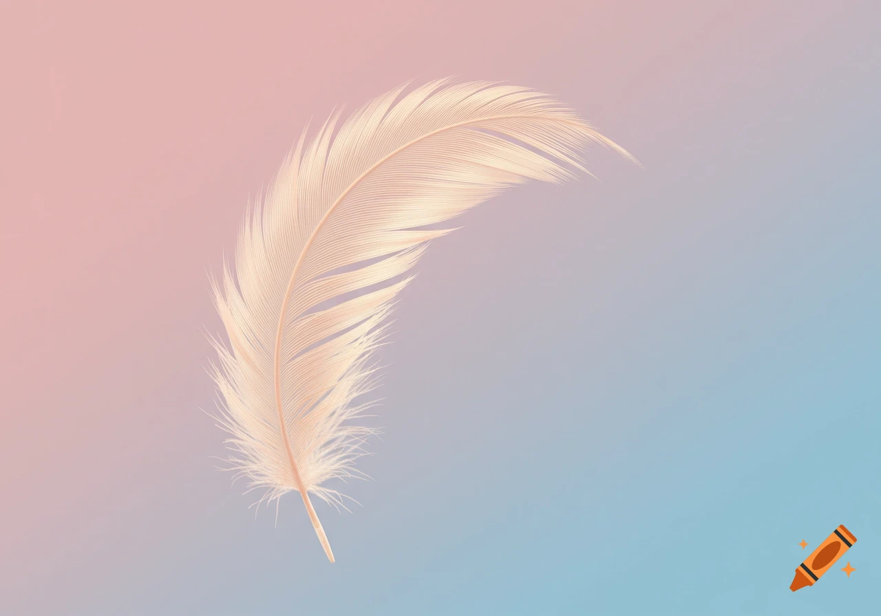 A light-colored feather curves against a soft pink and blue gradient background.