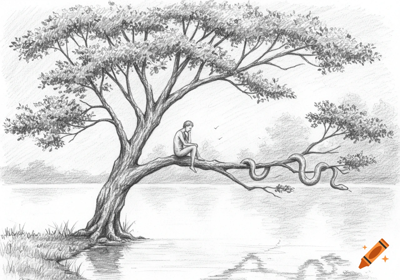 A pencil sketch of a man sitting nude on a tree branch over a lake as a snake approaches along another branch.