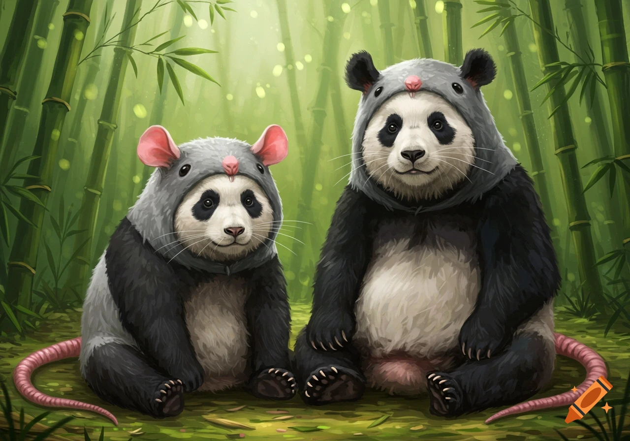 Two cute pandas wearing grey rat costumes with long pink tails sit in a lush green bamboo forest.
