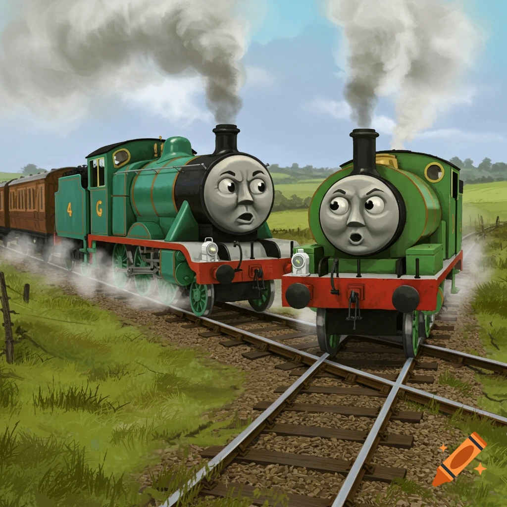 Two anthropomorphic green steam trains with expressive faces argue on railway tracks in a grassy field under a blue sky.