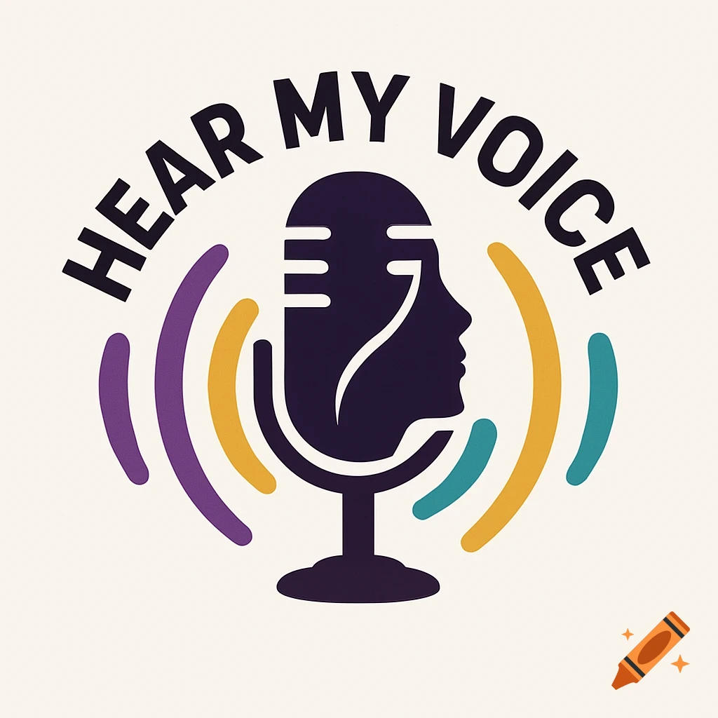 Logo featuring a dark microphone with sound waves in purple, gold, and teal, and a human profile; text reads 'HEAR MY VOICE'.