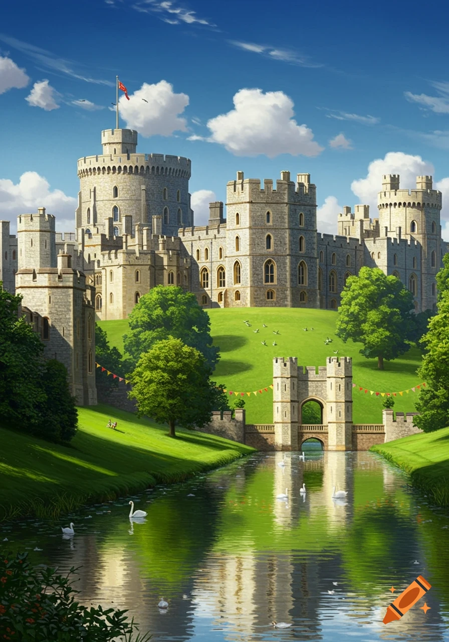 Grand Windsor Castle overlooking a river with swans, surrounded by lush green hills under a bright blue sky.