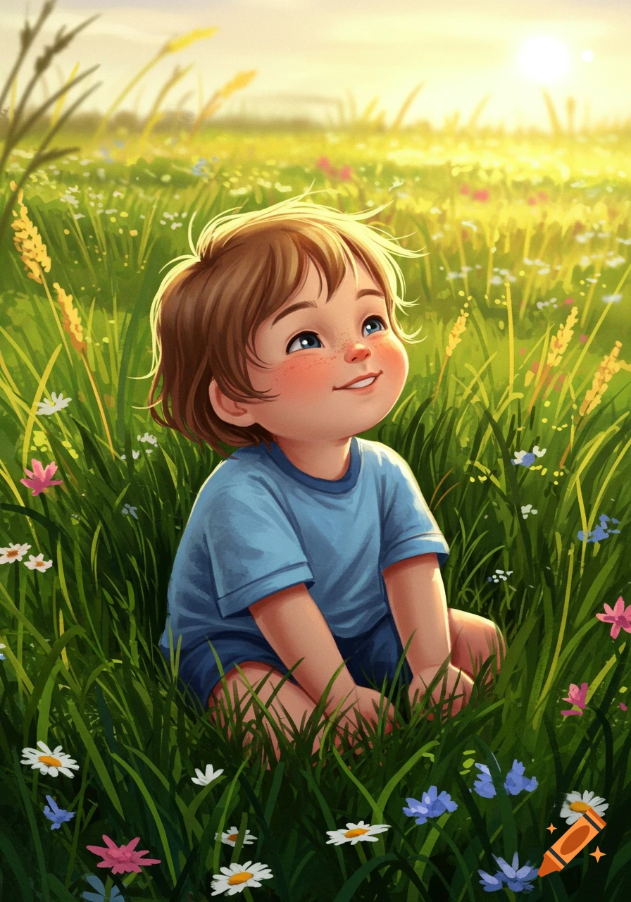 Cute illustrated child with brown hair and freckles sitting in a sunny green meadow with colorful flowers.
