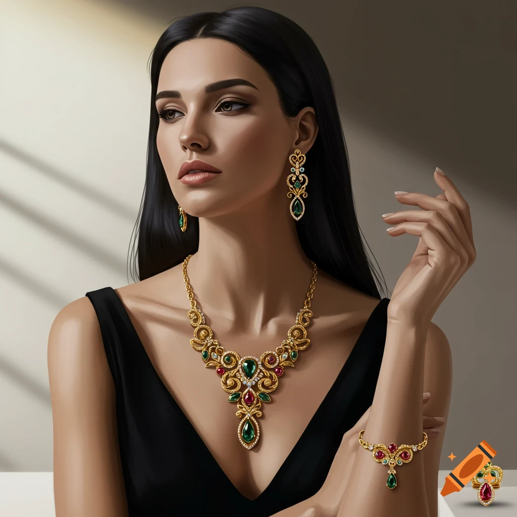 A woman with long dark hair in a black top models an ornate gold, green, and red gemstone necklace, earrings, and bracelet.