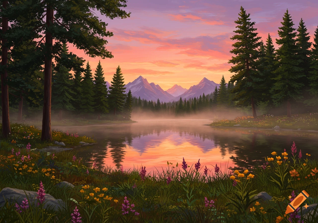 A serene painted landscape of a lake reflecting a colorful sunset, surrounded by pine trees, mountains, and wildflowers.