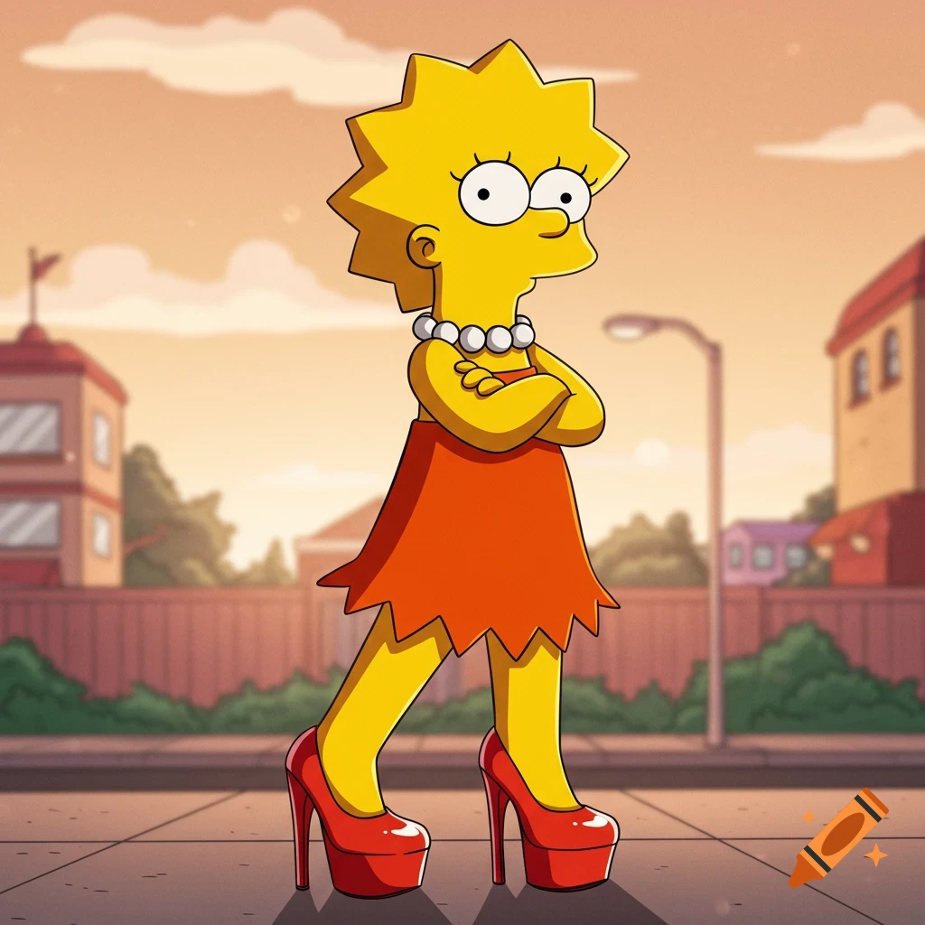 Lisa Simpson, a yellow cartoon character, stands with arms crossed, wearing an orange dress and red high heels, in a stylized outdoor setting.