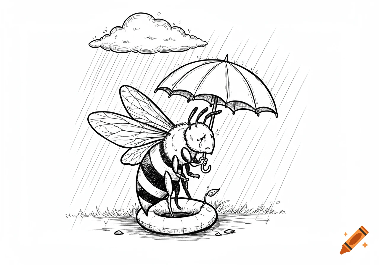 Black and white line art illustration of a sad honeybee holding an umbrella in the rain, standing in an inner tube with a storm cloud overhead.