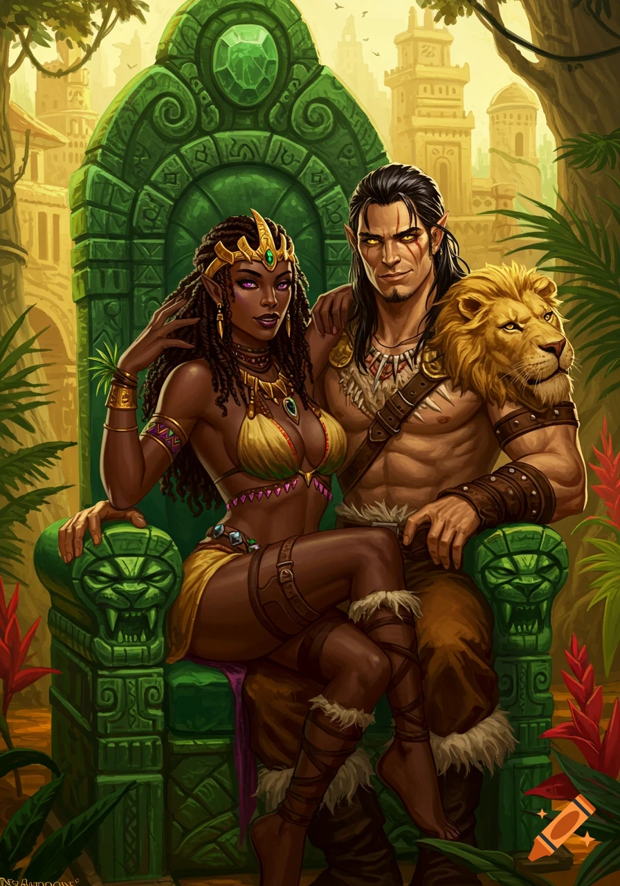 Fantasy art: a queen in a skimpy outfit on a green throne next to a shirtless warrior with a lion pelt, set in a jungle city.