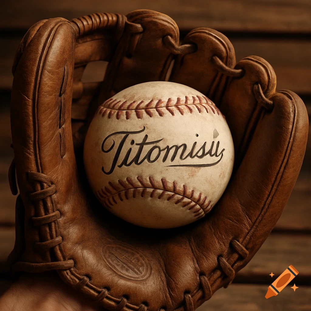 Close-up of a brown leather baseball glove holding a white baseball with 'Titomisu' in black script, photorealistic.