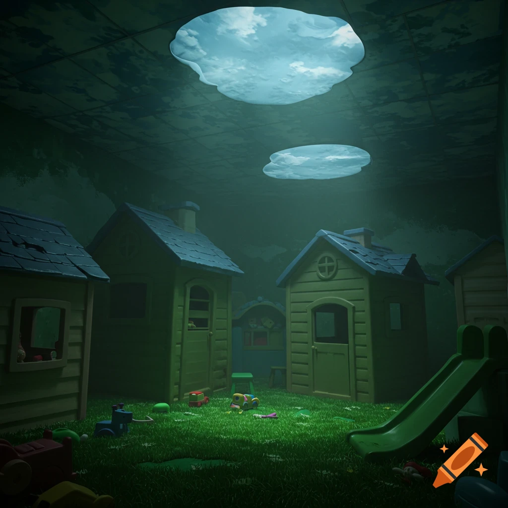 A dark, surreal indoor playground scene with plastic playhouses, artificial grass, scattered toys, and two cloud-like openings in the ceiling.