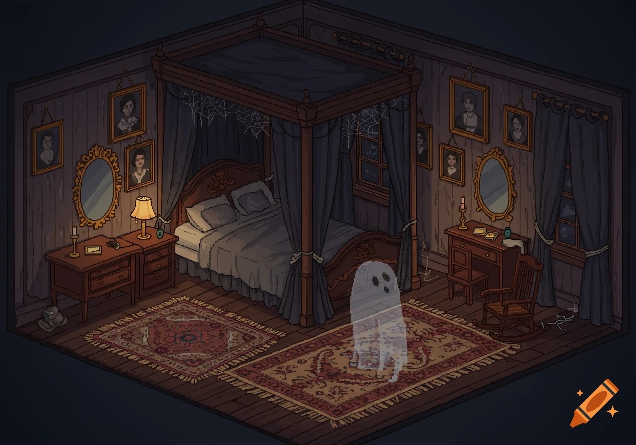 A dark, spooky pixel art isometric bedroom with a ghostly figure floating near a four-poster bed and two ornate rugs.
