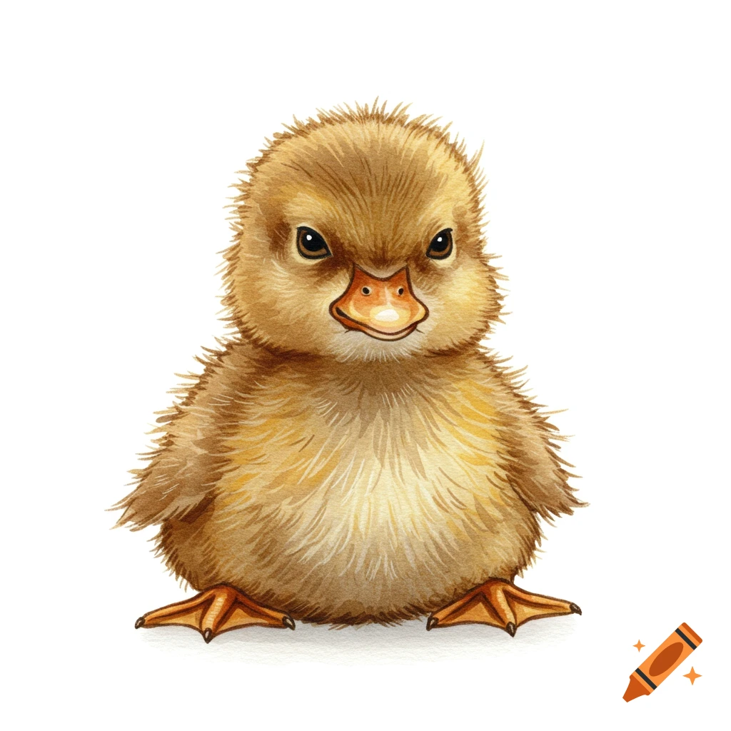 A grumpy, brown duckling rendered in a simple watercolor style on a white background.