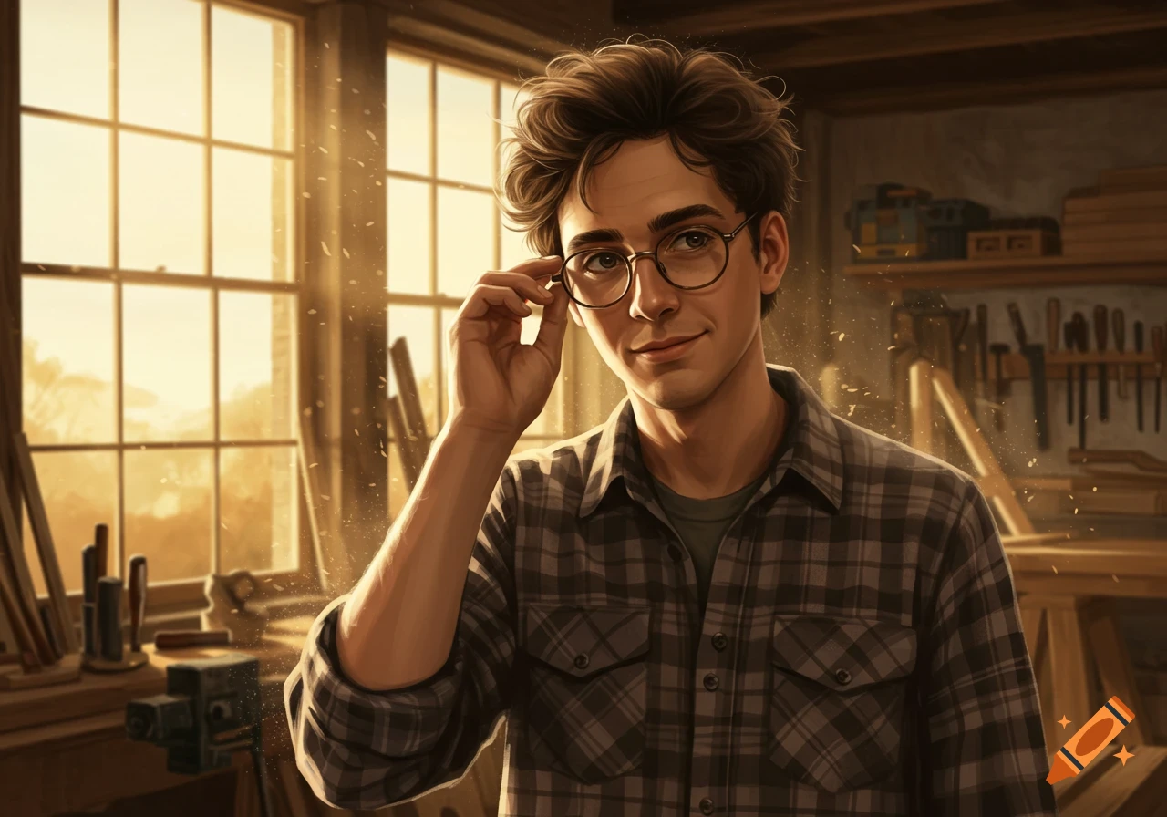 A smiling young man with messy brown hair and glasses adjusts his spectacles in a sunlit woodworking shop, illuminated by wood dust.