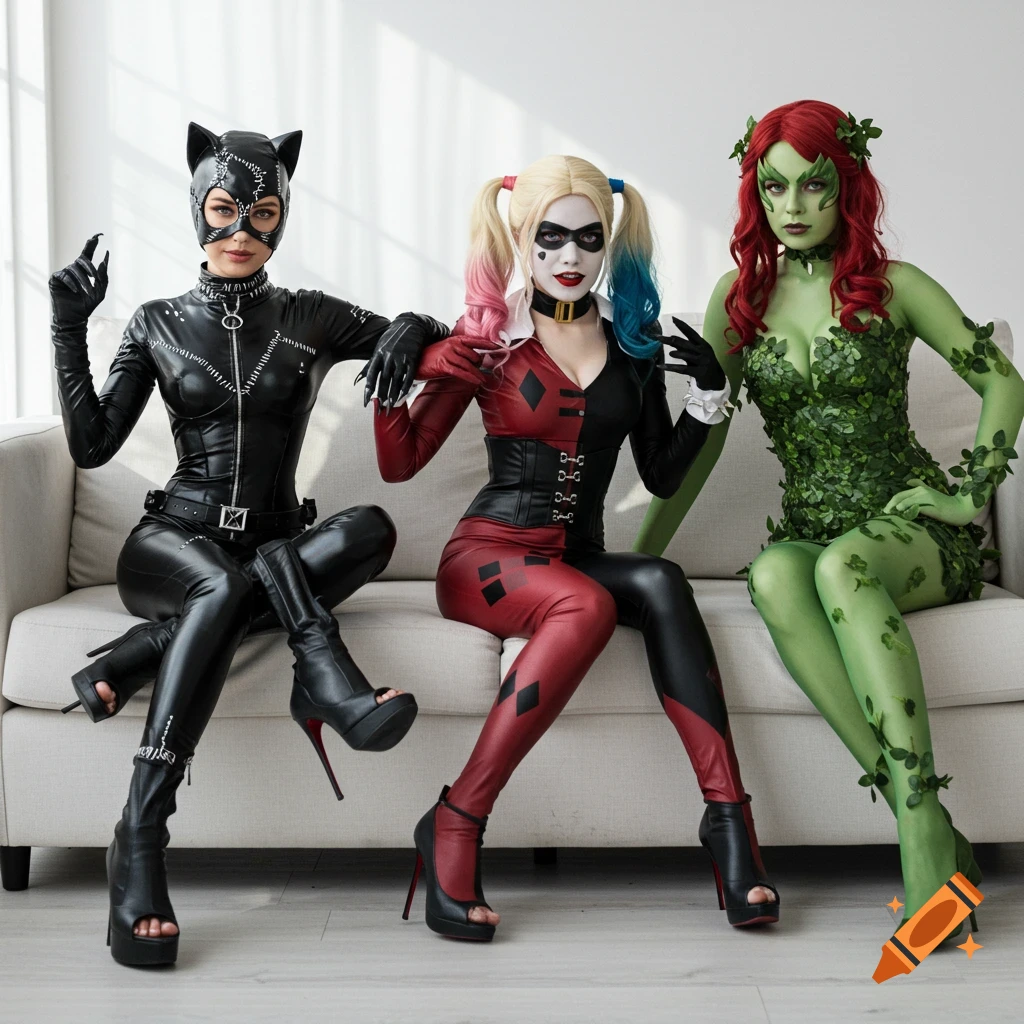 Three women dressed as Catwoman, Harley Quinn, and Poison Ivy sit on a white sofa in a bright room, posing for a photo.