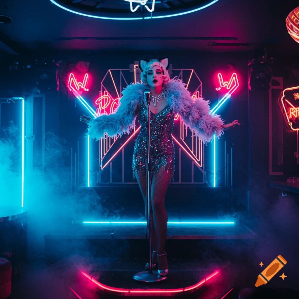 A glamorous cat-woman in a sparkly dress and fluffy boa sings into a microphone on a stage filled with neon lights and smoke.
