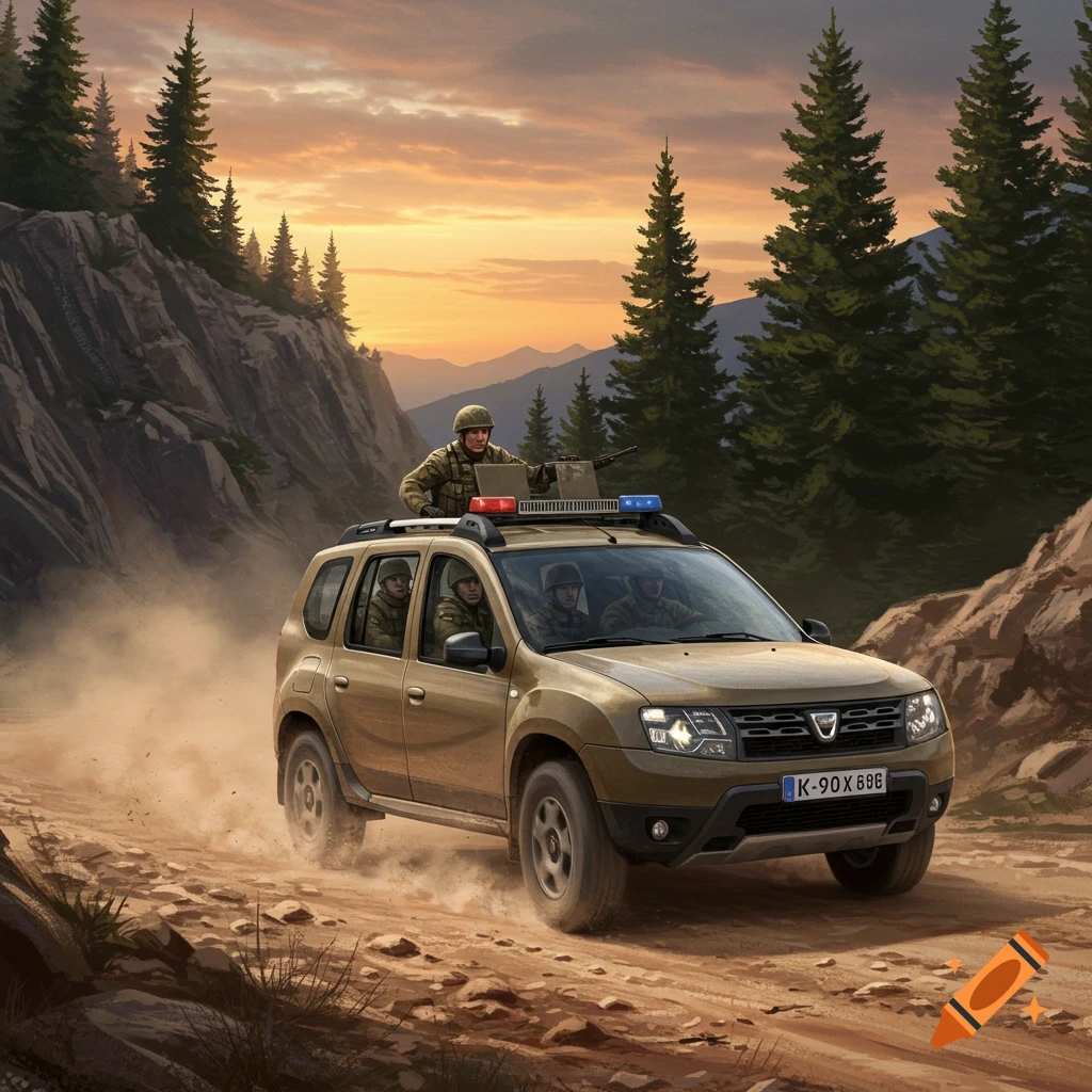A tan Dacia SUV with soldiers, one with a mounted gun, drives on a dusty mountain road at sunset, illustration style.