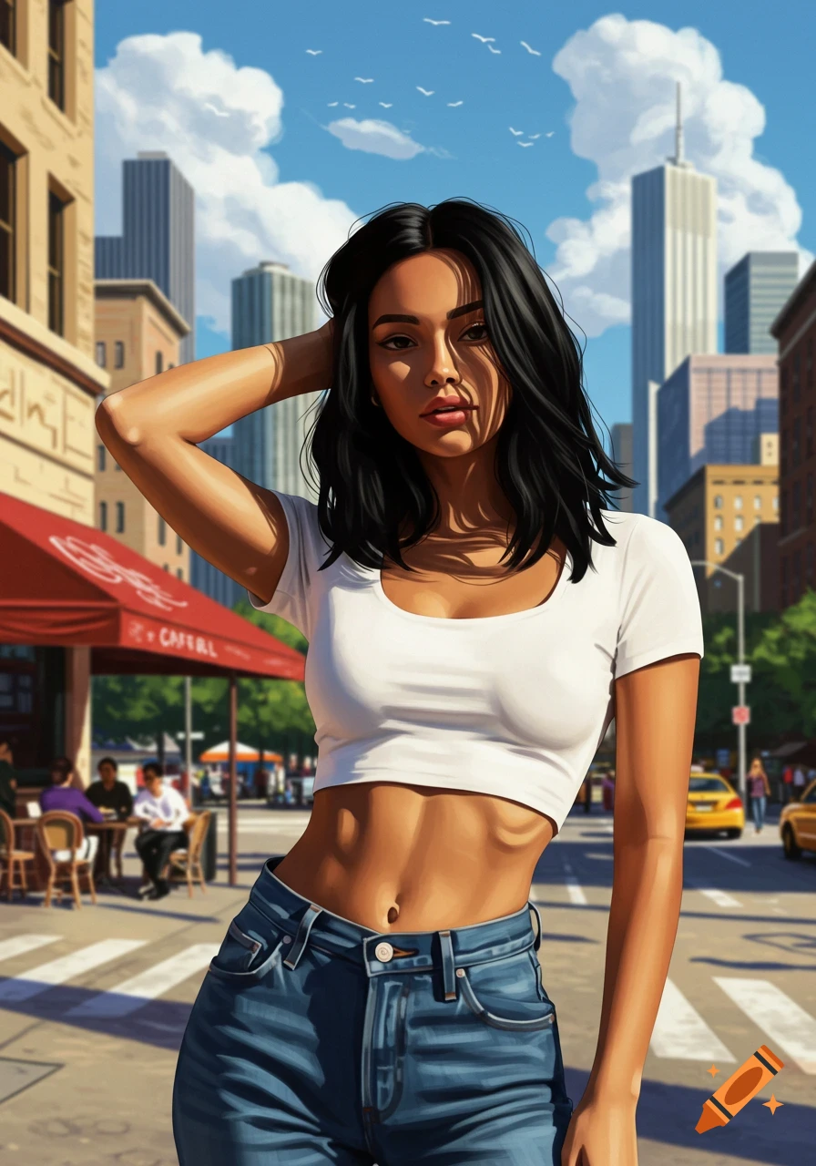 A digital art illustration of a woman in a white crop top and jeans posing on a city street.
