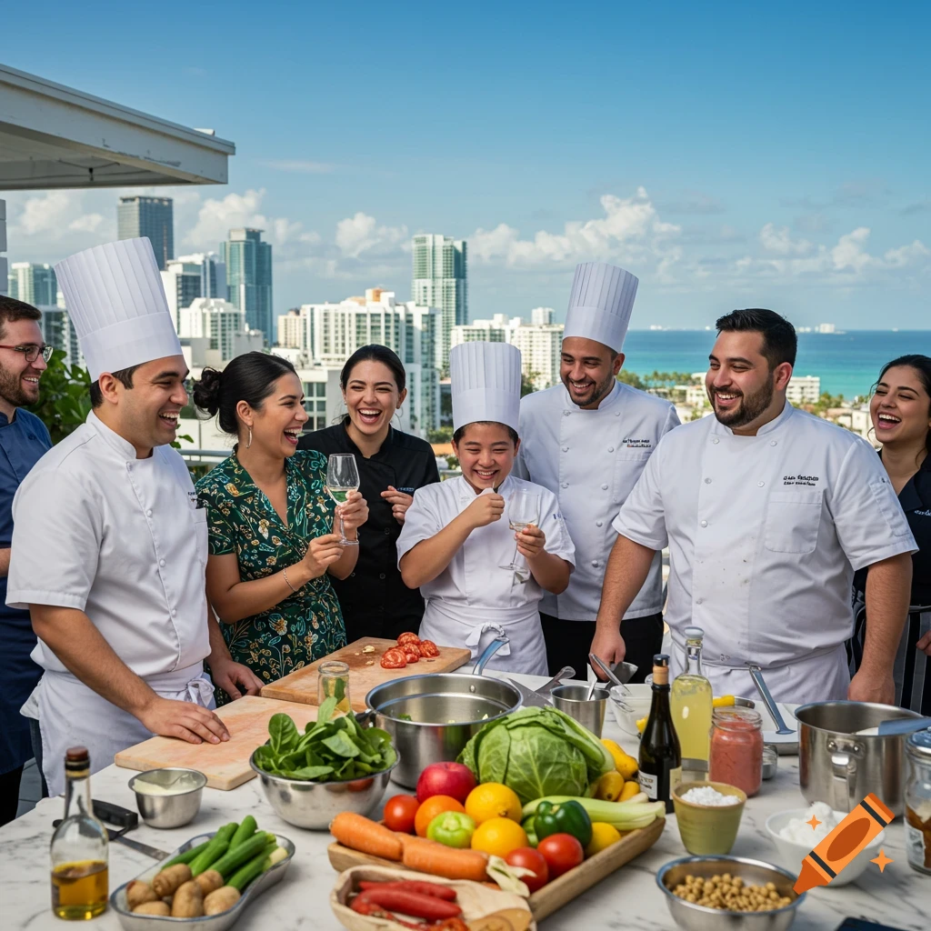 Happy diverse chefs and friends cooking on a sunny city rooftop with a skyline and ocean view.