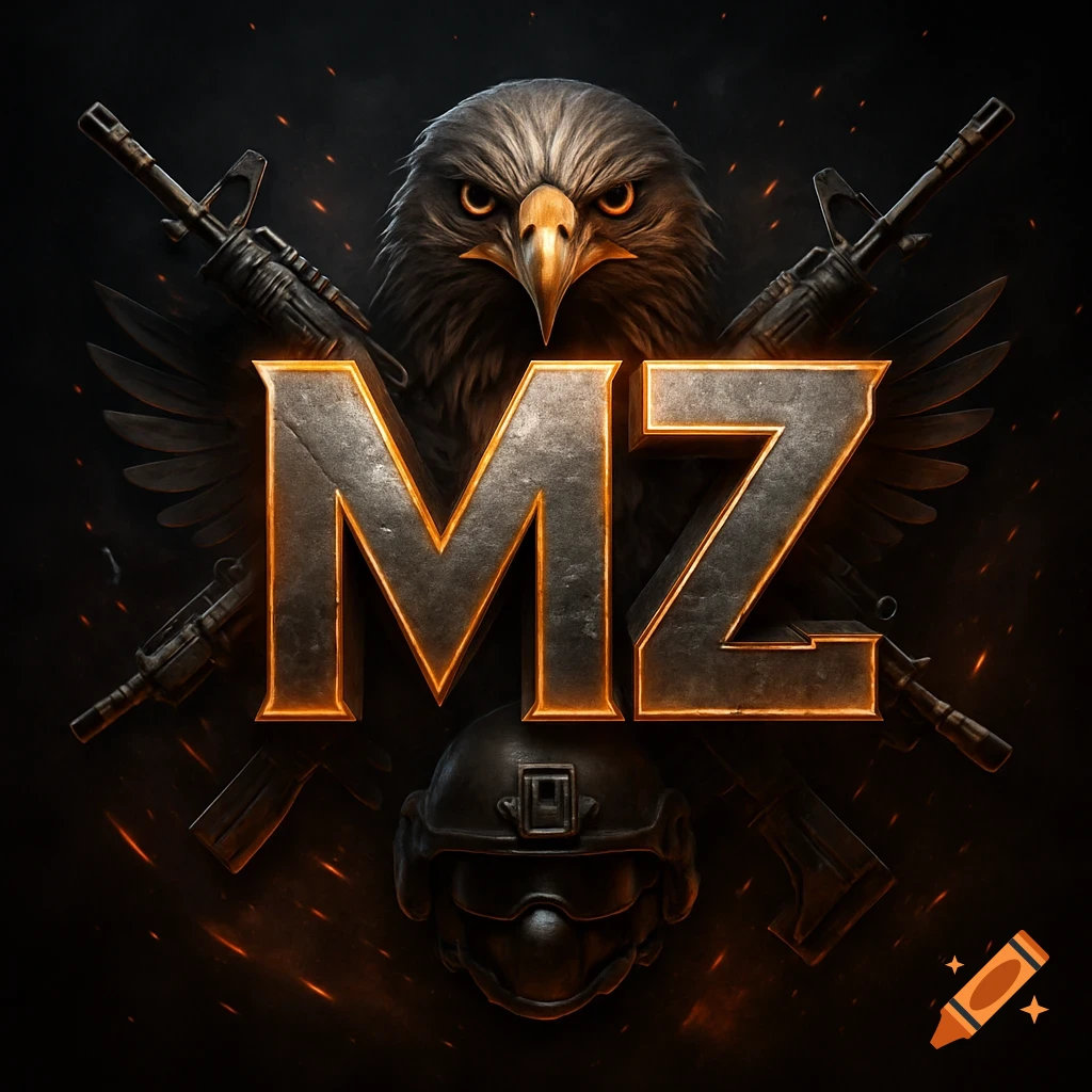 A gaming logo with metallic 'MZ' letters, an eagle, crossed assault rifles, and a tactical helmet on a dark, smoky background with fire sparks.