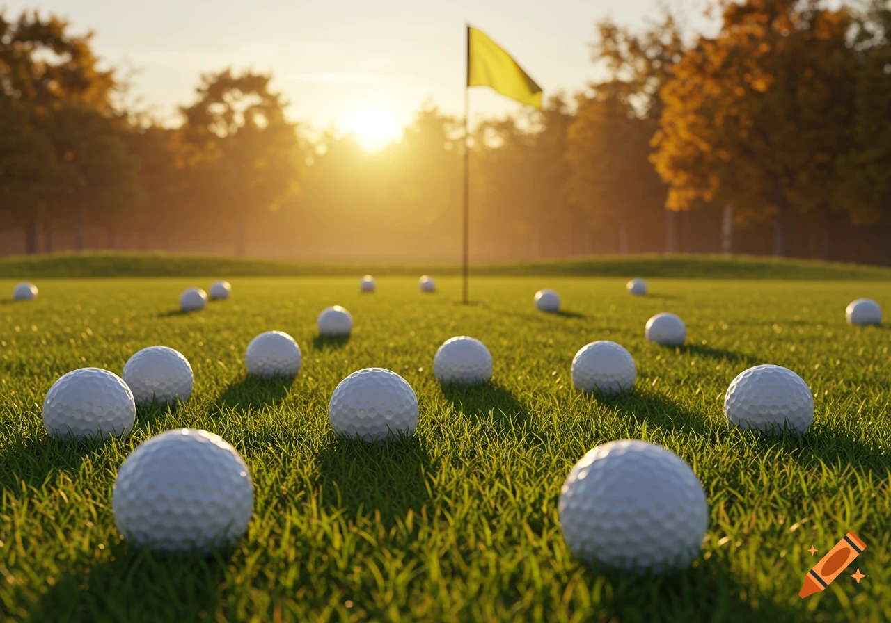 Numerous golf balls scattered on a green golf course with a flagstick in the distance at sunset, photorealistic.