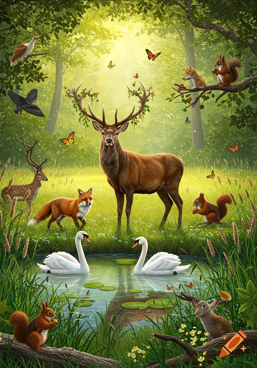 Various wild animals including deer, a fox, swans, and squirrels in a vibrant green forest scene with a pond.