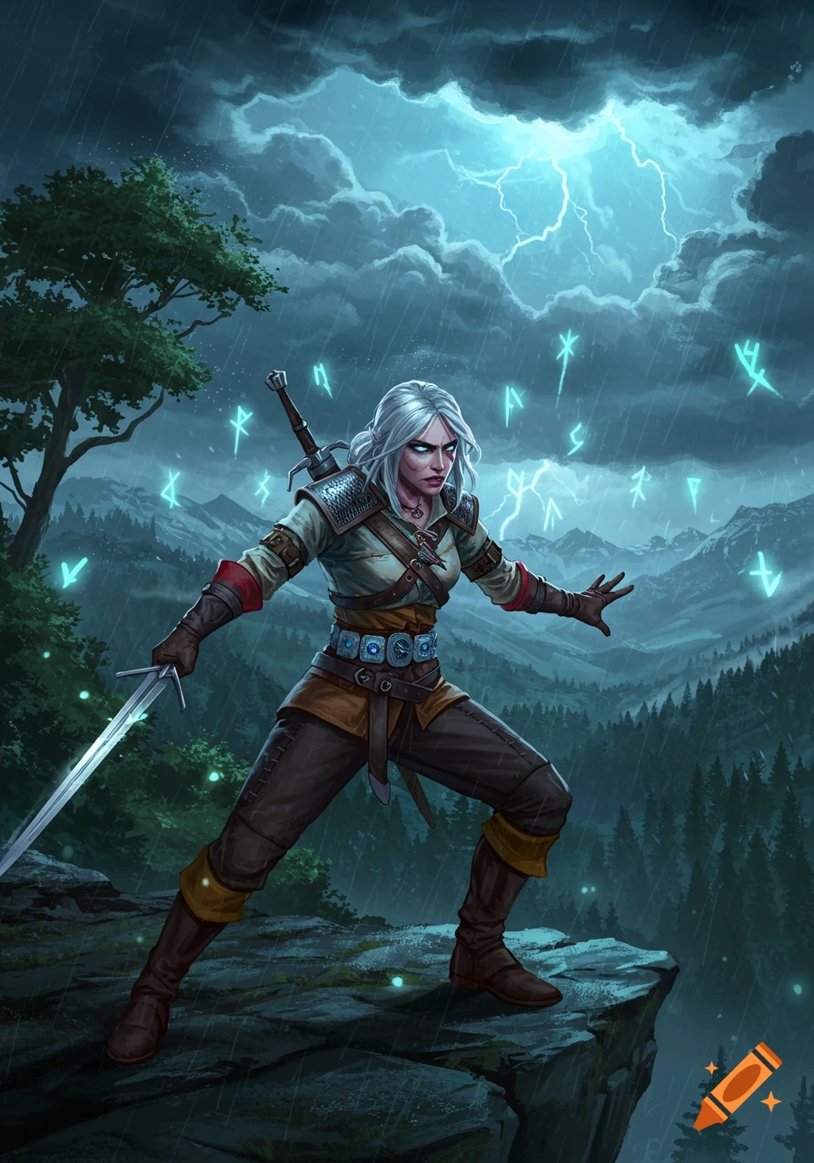 A white-haired warrior woman, Ciri from The Witcher, stands on a cliff in the rain, holding a sword and casting spells as lightning strikes in the stormy sky over mountains.