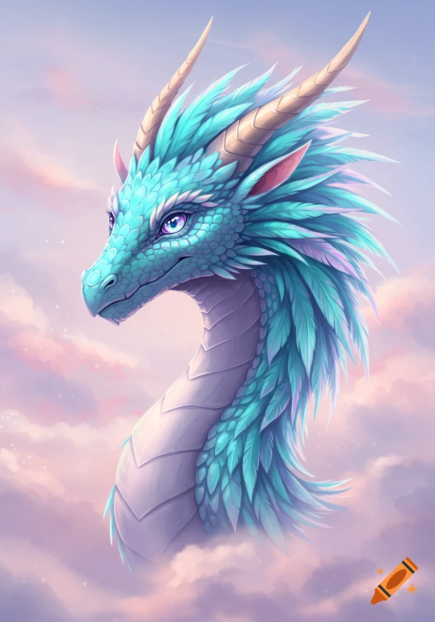 A vibrant digital art portrait of a turquoise dragon with pastel purple feathers, golden horns, and glowing purple eyes, set against a dreamy cloudy sky.