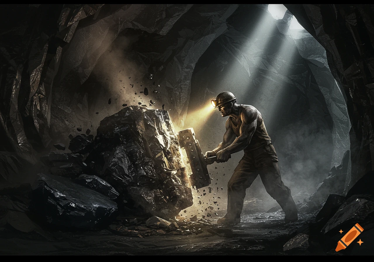 A muscular miner, illuminated by his headlamp and shafts of light, breaks a large coal block in a dark cave, with debris flying.