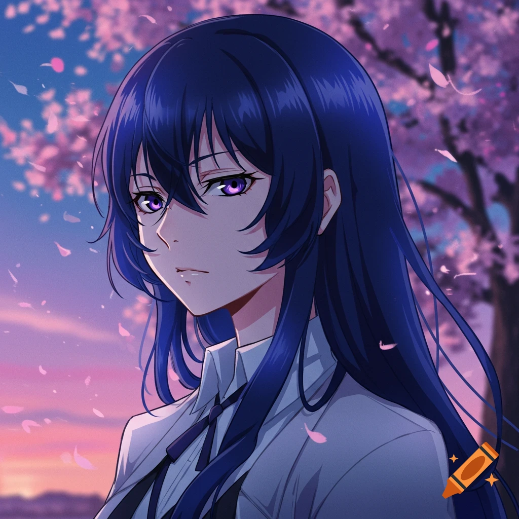 Anime portrait of a character with dark blue hair and glowing purple eyes, against a backdrop of pink cherry blossoms and a sunset.