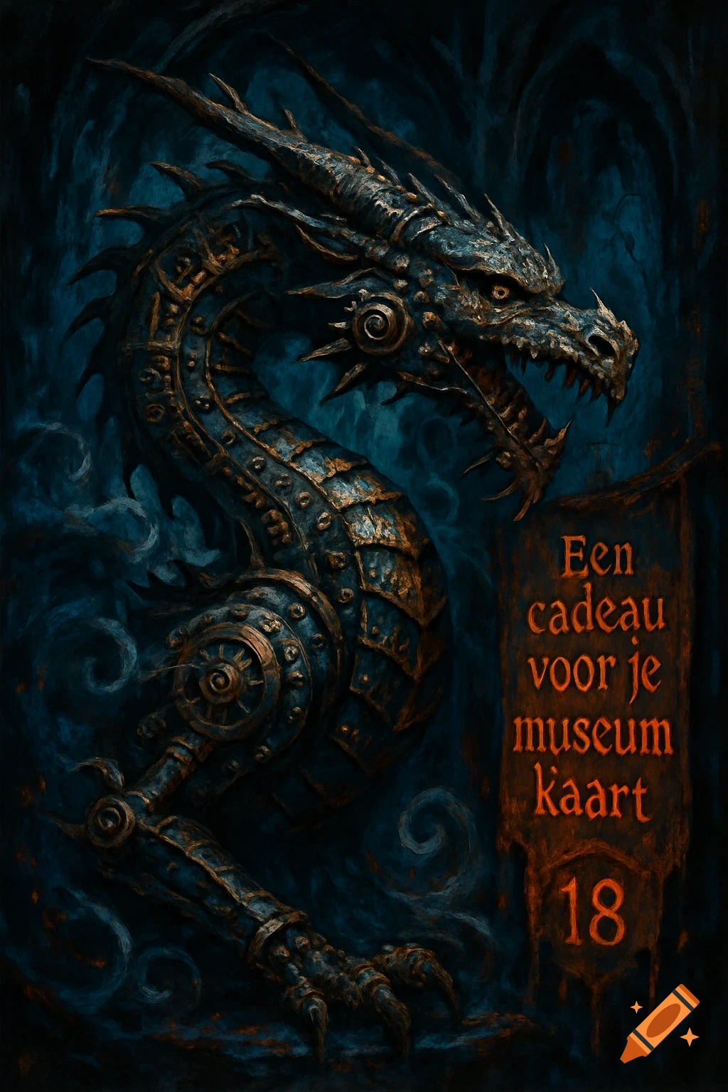 A dark, textured, painterly steampunk dragon with bronze and blue scales, featuring gears and rivets, against a swirling blue background. A banner on the right reads "Een cadeau voor je museum kaart 18".