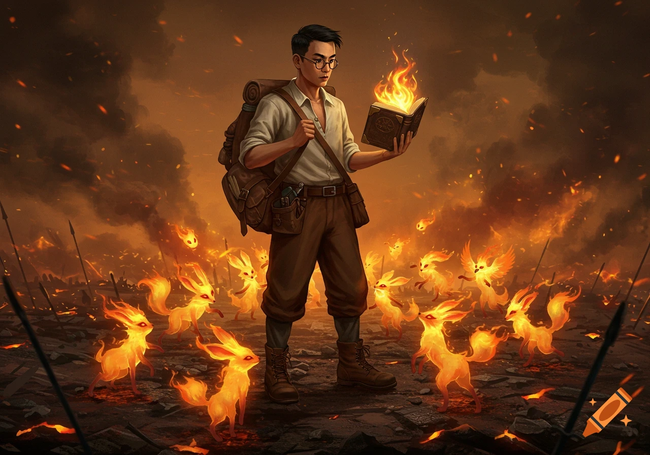 A man reads a burning book surrounded by fire spirits on a burning battlefield, Solo Leveling style.