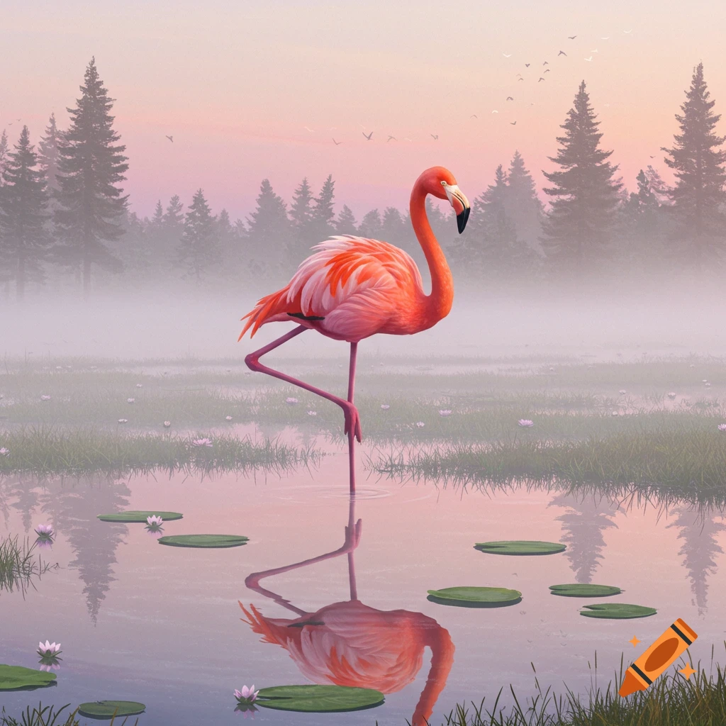 A vibrant pink flamingo stands on one leg in a misty wetland, its reflection visible in the water amidst lily pads, with pine trees and a pastel sky.