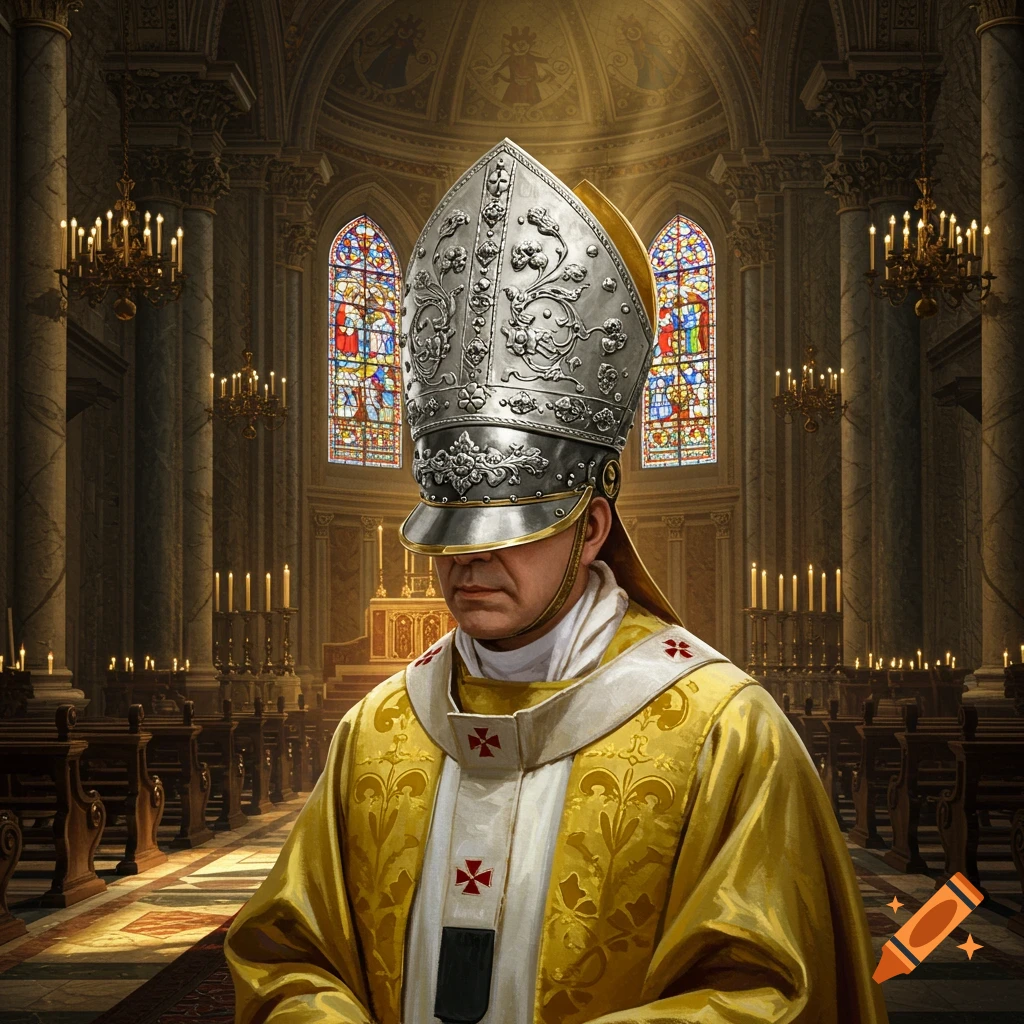 A man in golden bishop's vestments and a silver ornate pickelhaube stands inside a grand church with stained glass windows.