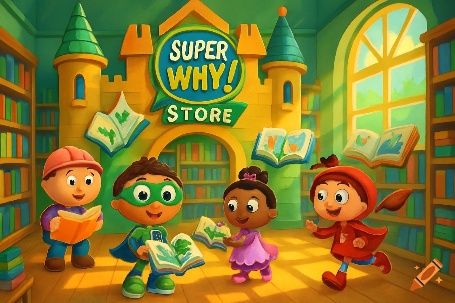 Cartoon Super Why! characters reading books in a colorful castle-themed Super Why! store.