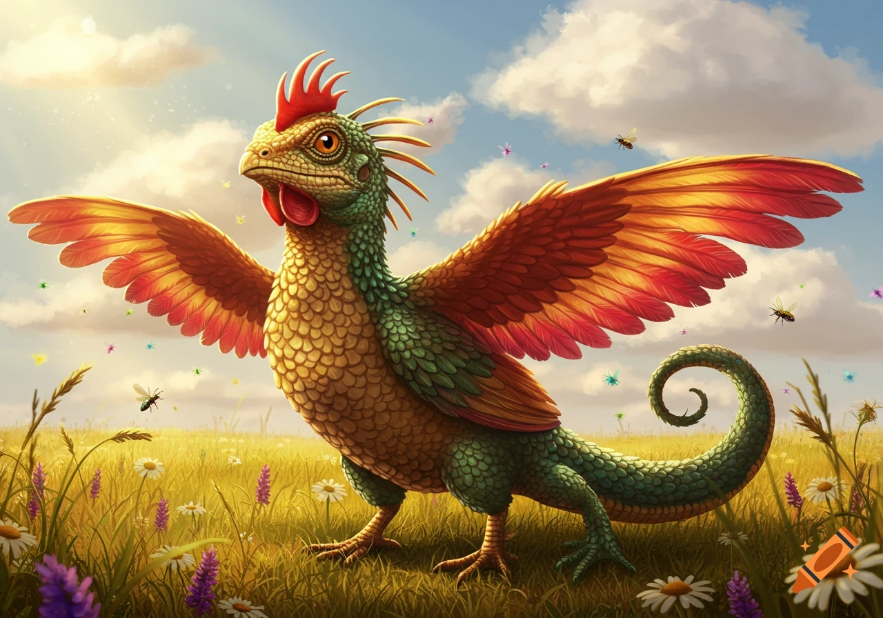 A vibrant chicken-lizard hybrid creature with green and gold scales, red comb, and colorful wings stands in a sunlit field of wildflowers.