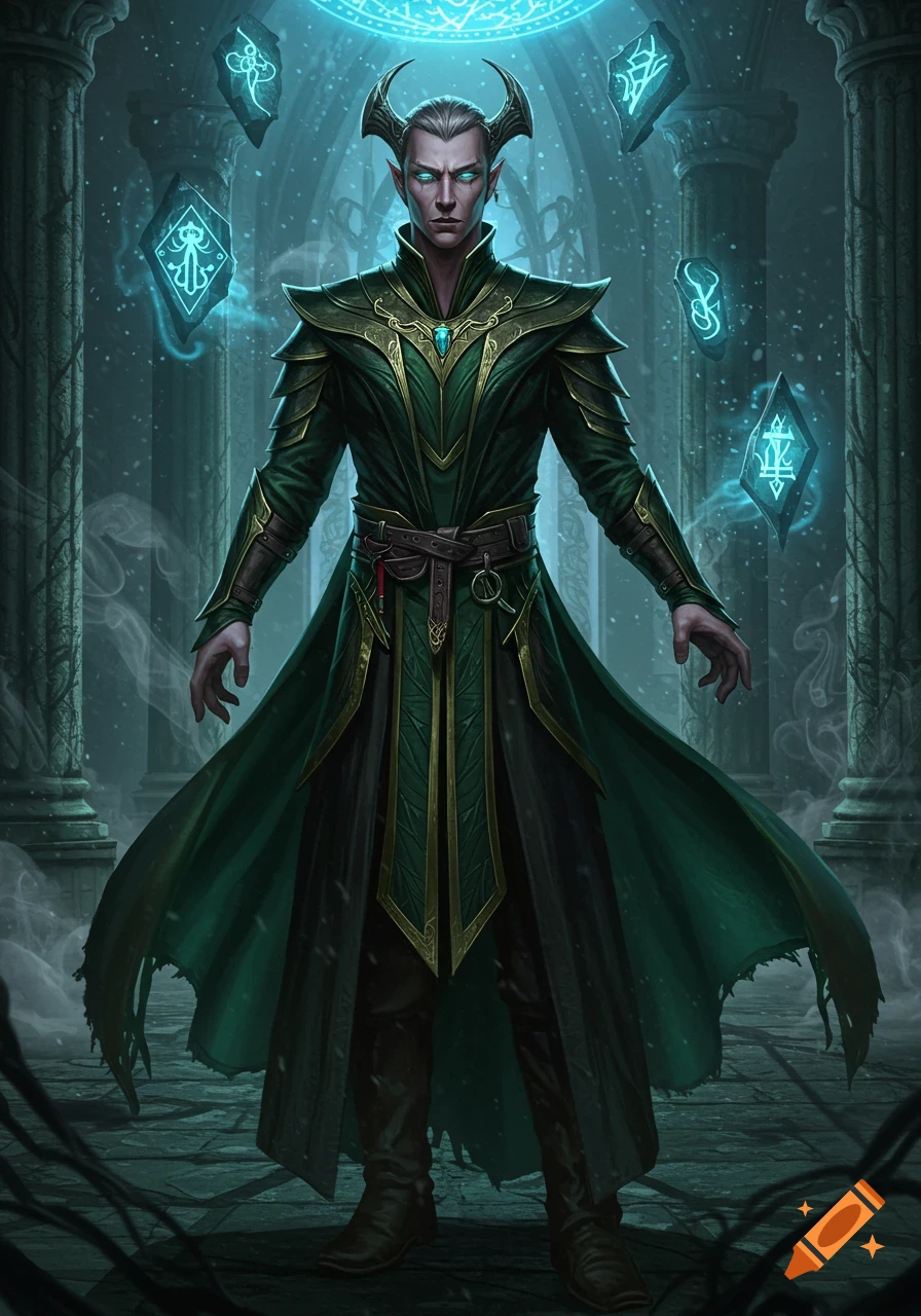 Pale-skinned horned sorcerer with glowing eyes in green and gold robes stands in a ruined temple with floating blue magical runes, digital painting.