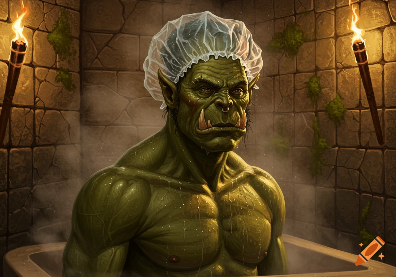 A Lord of the Rings-inspired orc with a shower cap sits in a steamy stone bath, illuminated by torches.