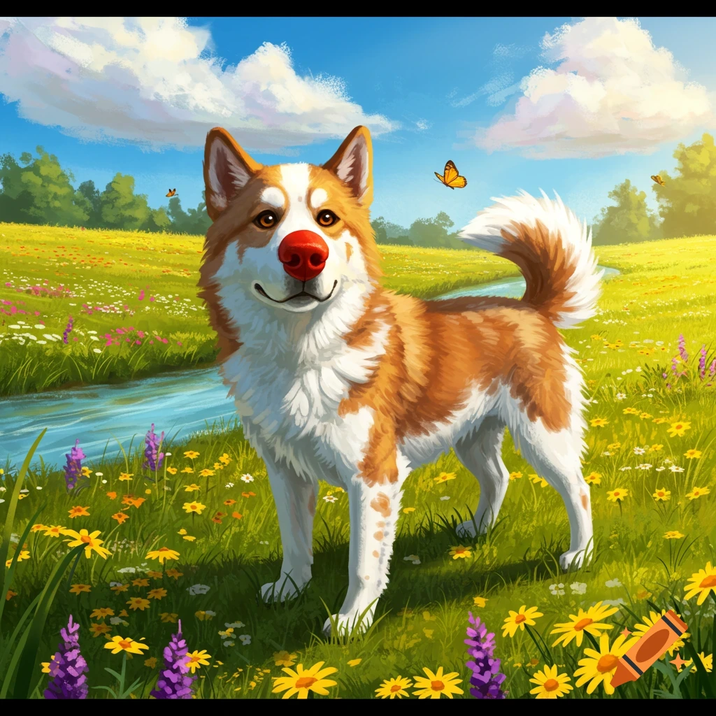 A smiling brown and white dog with a red nose stands in a bright, colorful meadow with wildflowers and a stream, in an illustrative style.