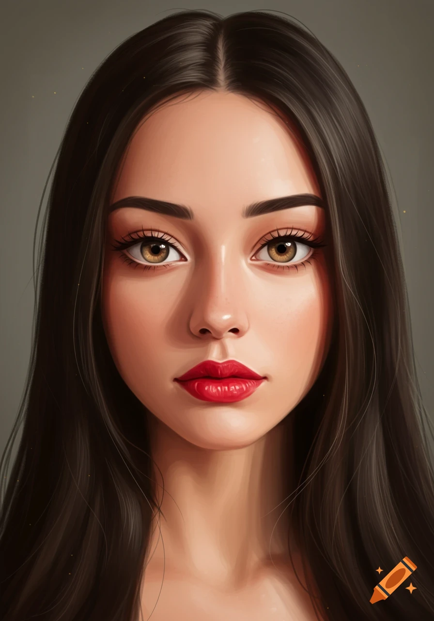 Stylized digital portrait of a woman with long dark hair, light skin, red lips, and light brown eyes.
