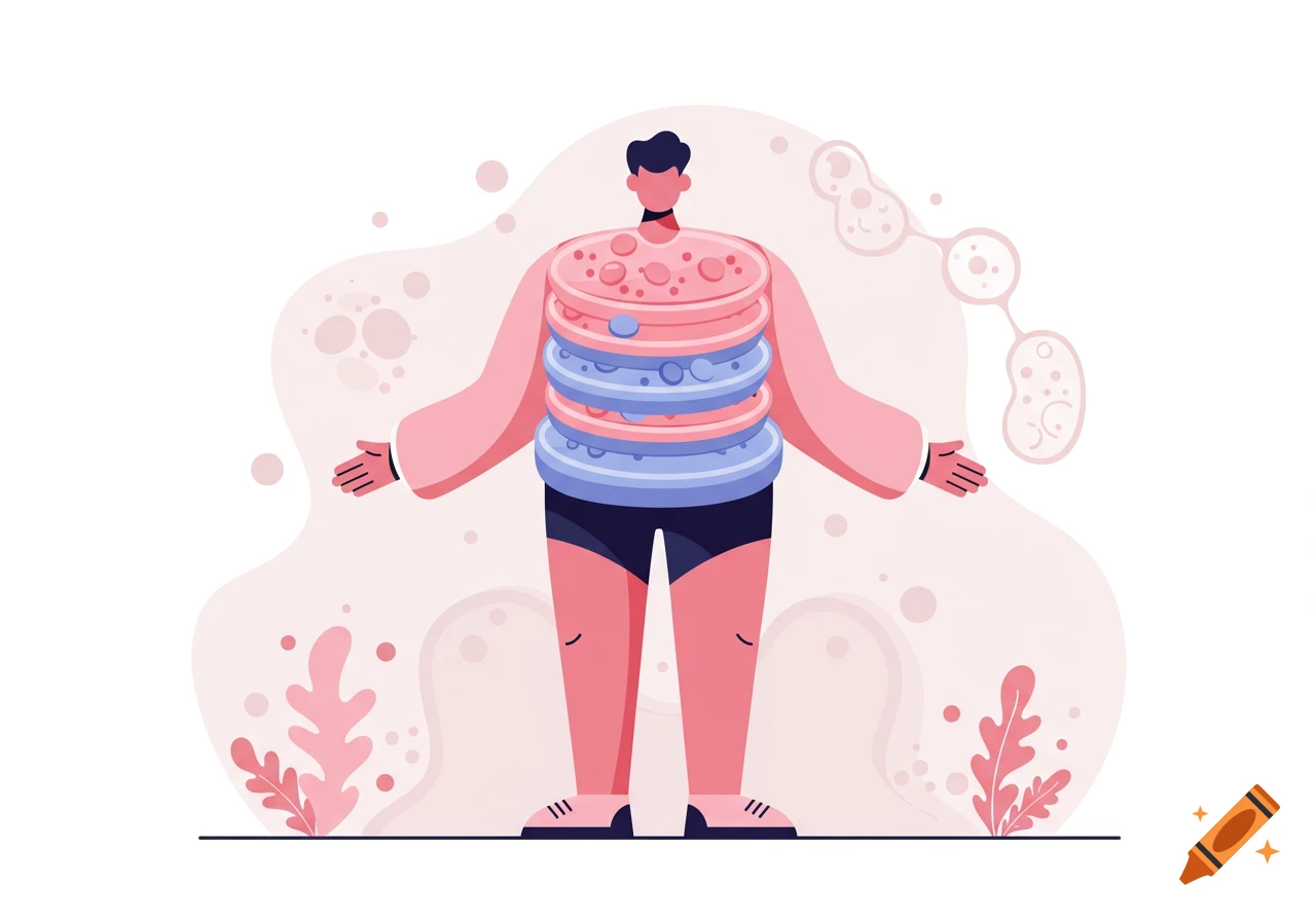 Flat vector illustration of a character with a stacked, multi-layered torso resembling a Golgi apparatus.