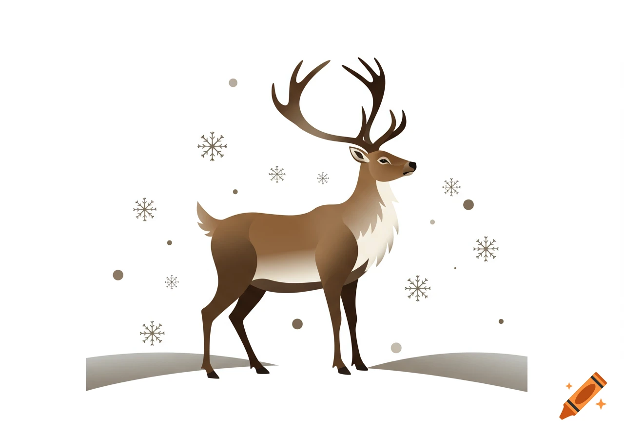 A brown and white stylized reindeer stands sideways in a snowy landscape with falling snowflakes.