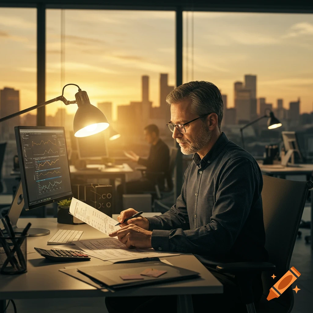 A man with glasses and a beard works at a desk in an office, reviewing documents with a cityscape visible through the window at sunset.