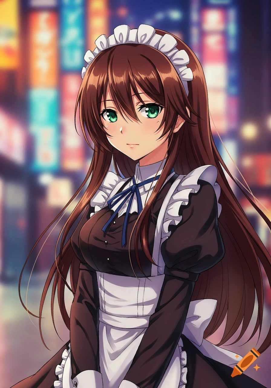 Anime girl with long brown hair and green eyes in a maid uniform stands in front of a blurred city street at night.