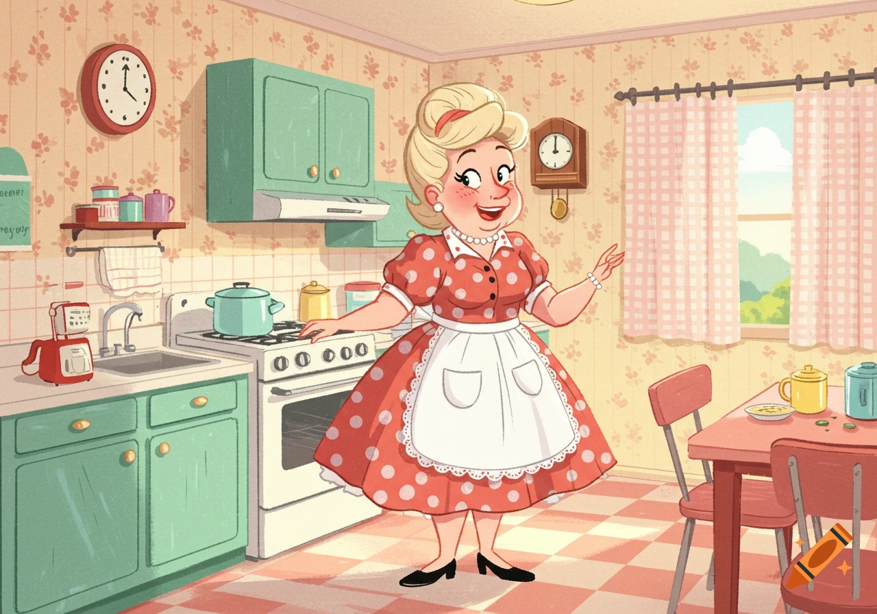 A cartoon 1950s housewife with a beehive hairdo stands in a retro kitchen with a checkered floor.