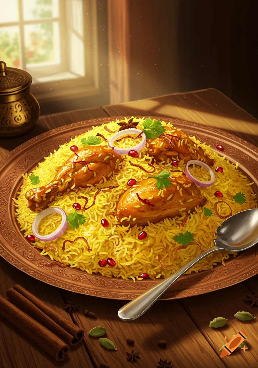 A vibrant platter of chicken biriyani with yellow rice, chicken pieces, red onions, and spices on a wooden table near a window.