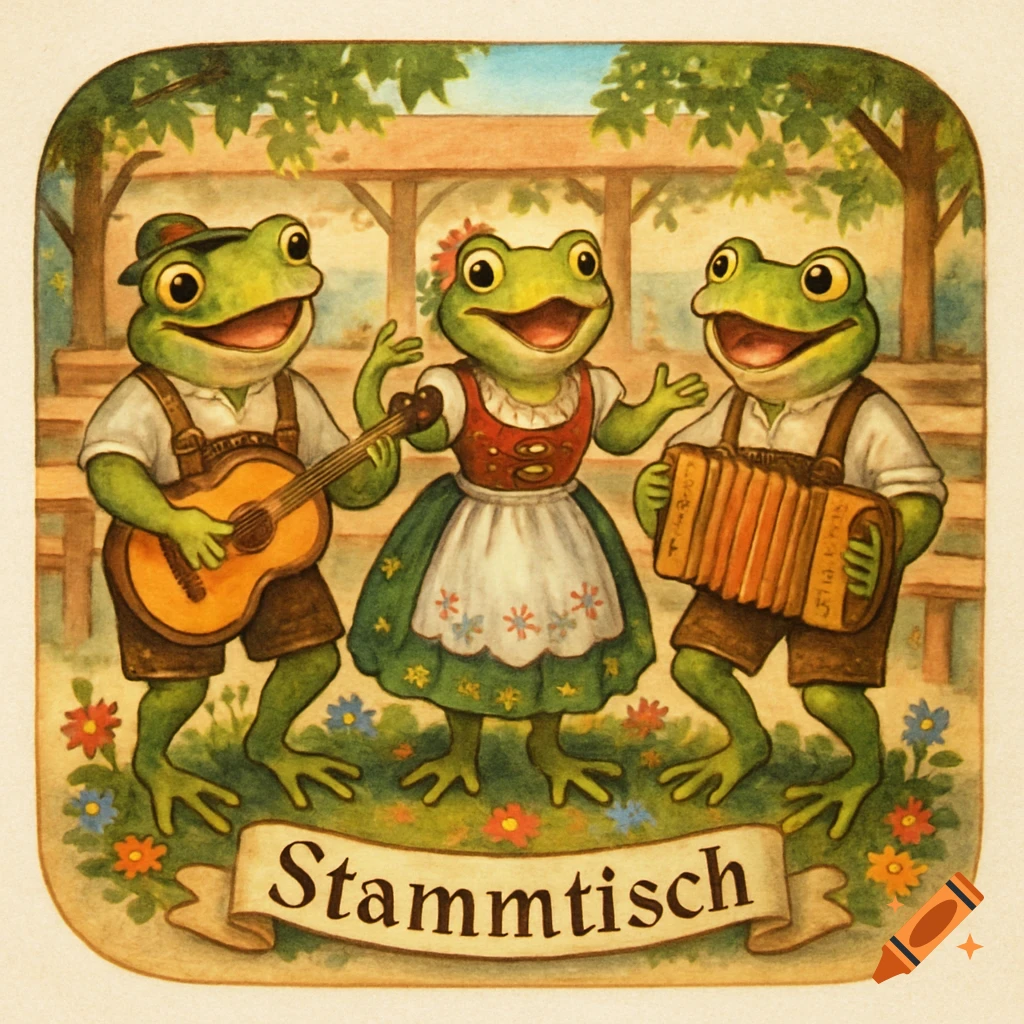 Three happy cartoon frogs in traditional German attire (Lederhosen, Dirndl) play guitar and accordion on a stage, with 'Stammtisch' on a banner.