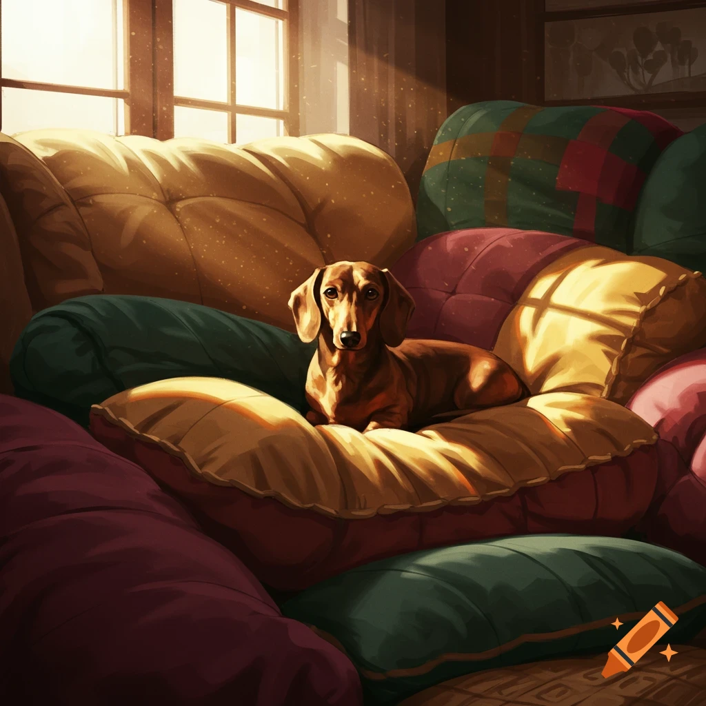 A brown dachshund dog lies on a pile of vibrant, cozy pillows in warm sunlight by a window, digital art.