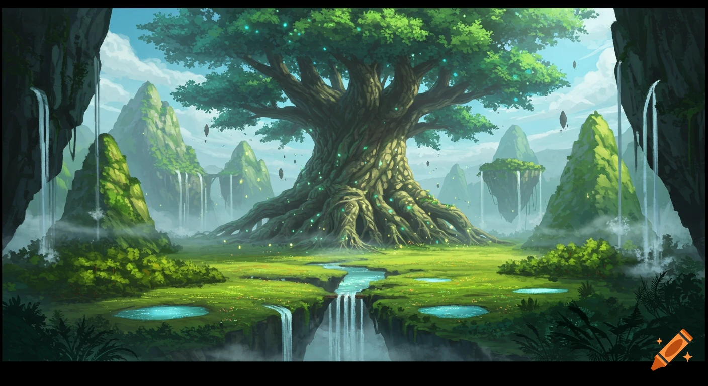 A vibrant fantasy landscape with a colossal glowing tree, floating mountains, multiple waterfalls, and glowing pools of water.