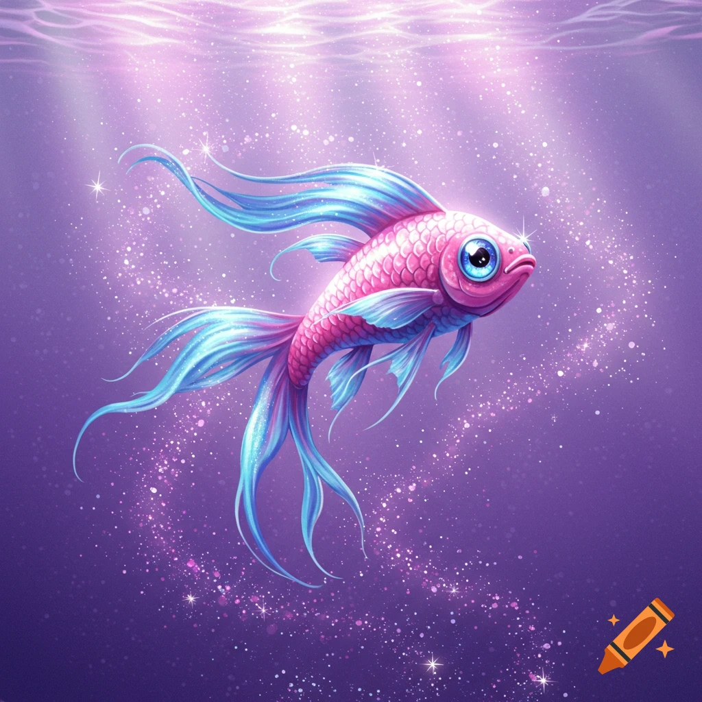A vibrant pink and blue fantasy fish with large eyes and flowing fins swims in shimmering purple water filled with glitter and light.